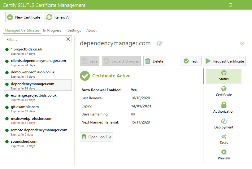 Screenshot of Certify The Web Desktop UI